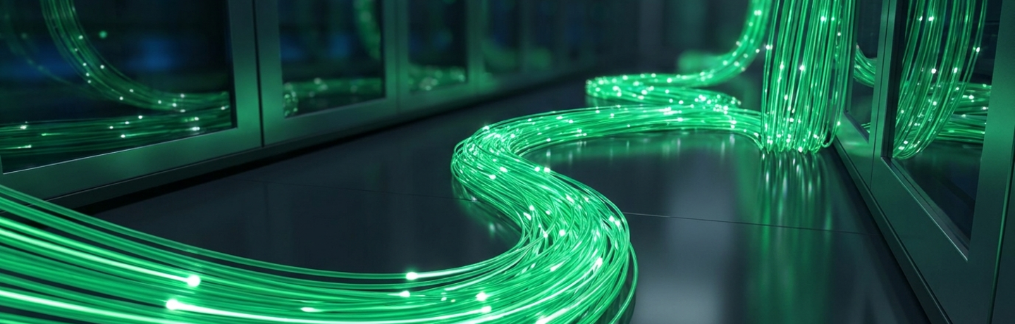 Fibre-optic broadband cables streaming green light - business connectivity