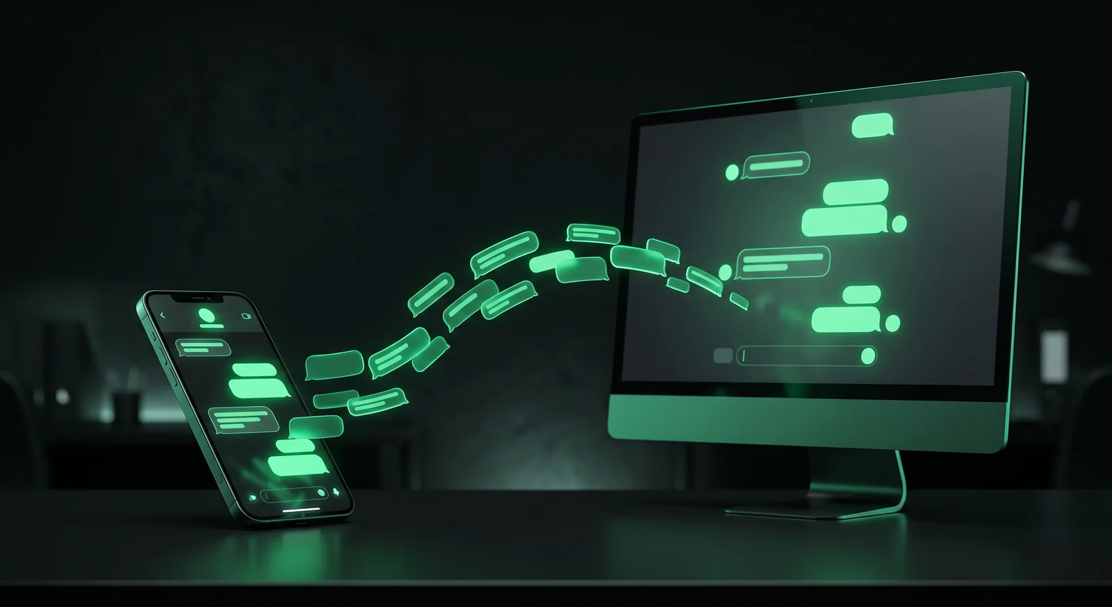 Business SMS messages flowing from a mobile phone to a desktop computer, answered on both
