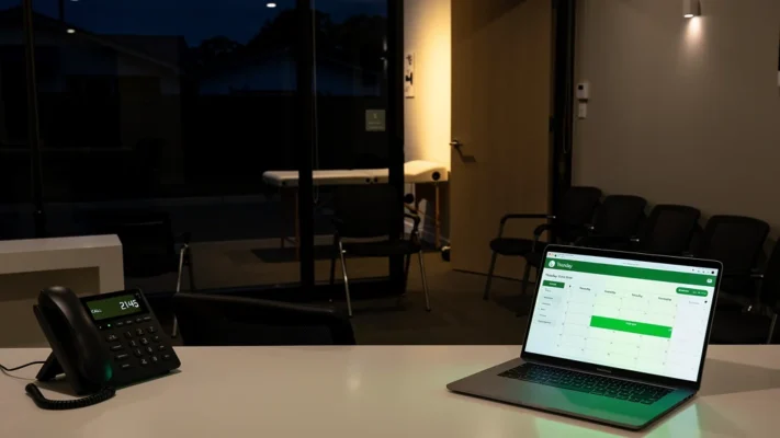 Clinic reception desk after hours with a phone on a call and a laptop showing a new booking in the calendar